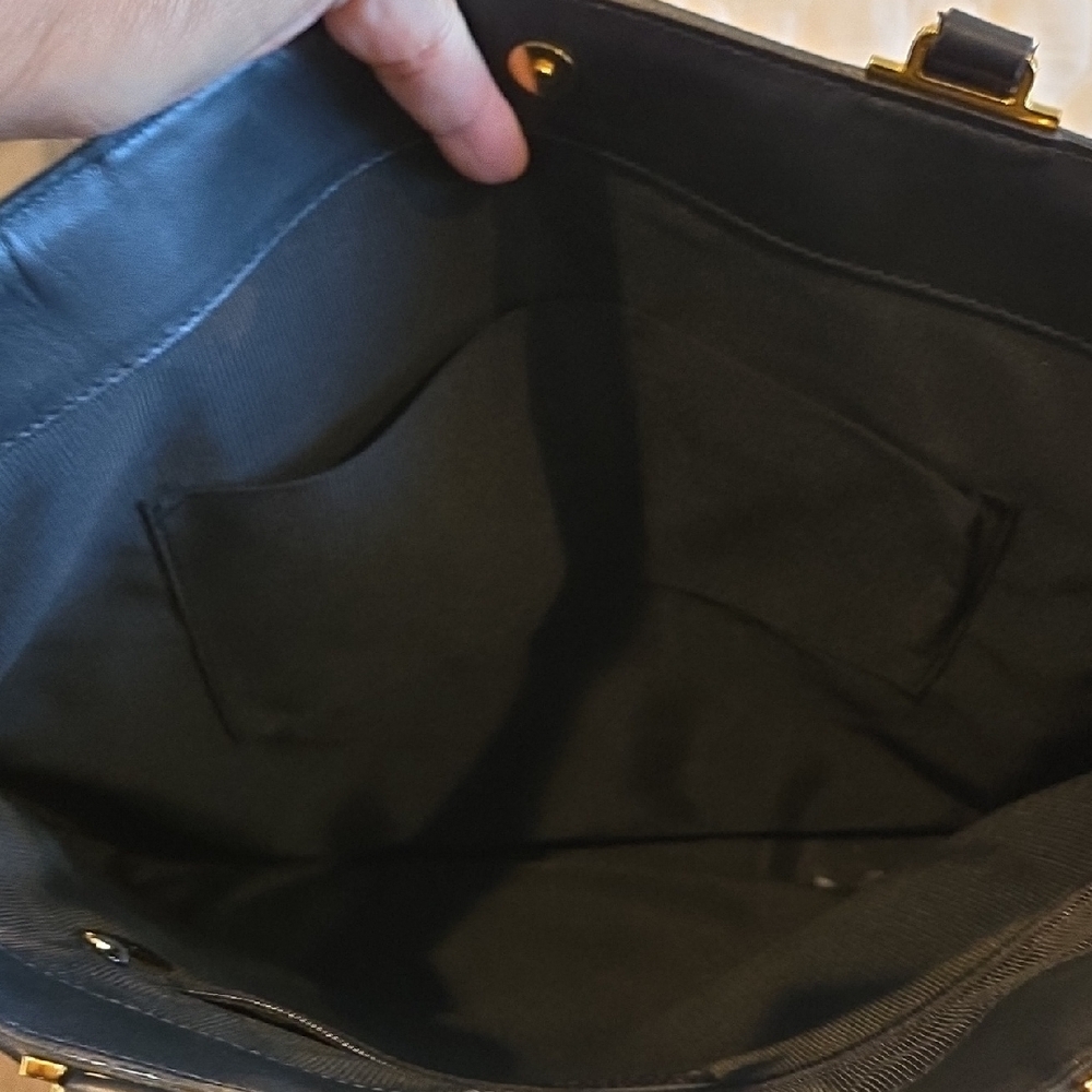 Price Drop! Furla Brand Checkered Black Leather Tan Linen Tote Bag 15x16. As New - Picture 6 of 7